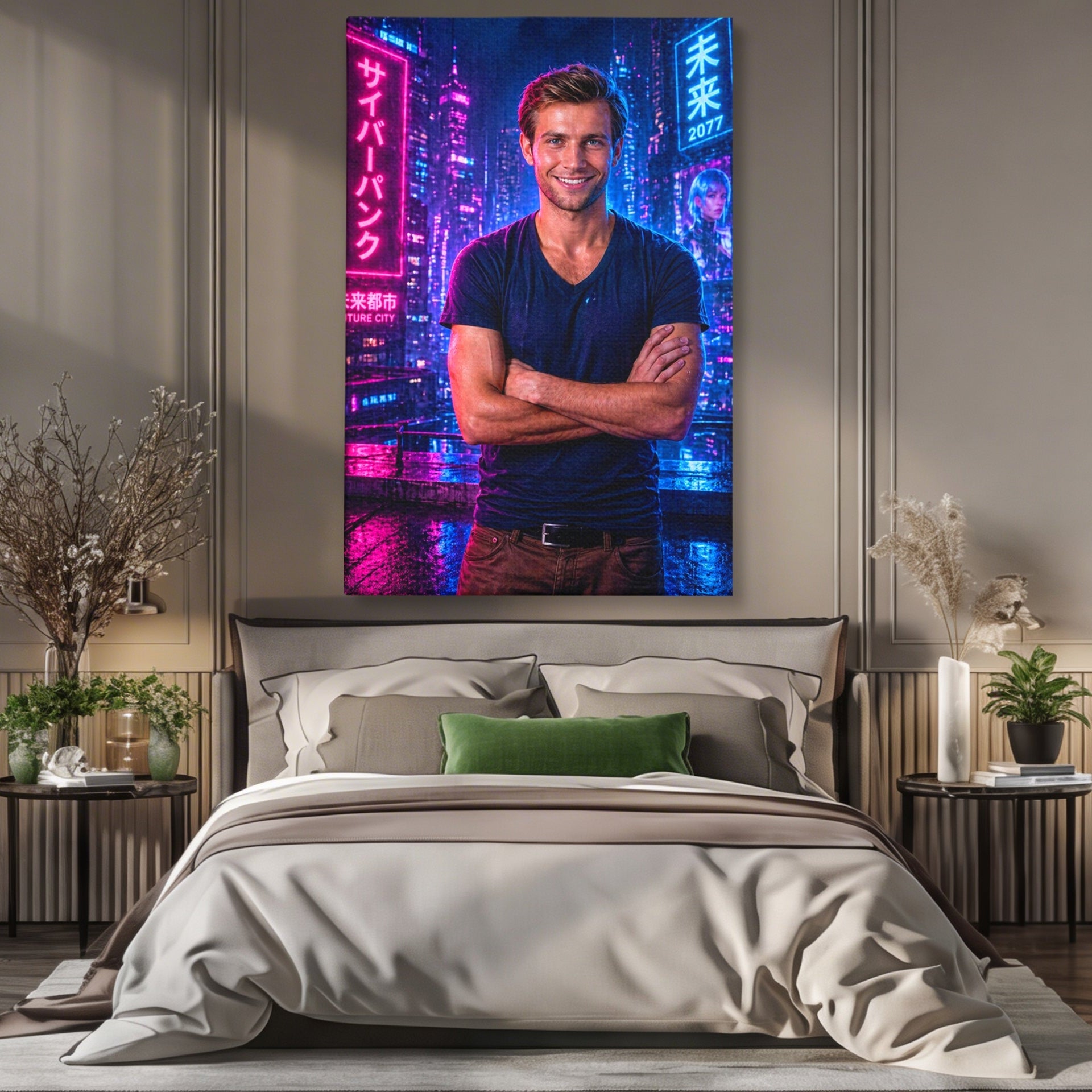 Tablou canvas cu tablou digital cu barbat si neon, fara rama, pe sasiu de lemn, pe perete intr-un dormitor